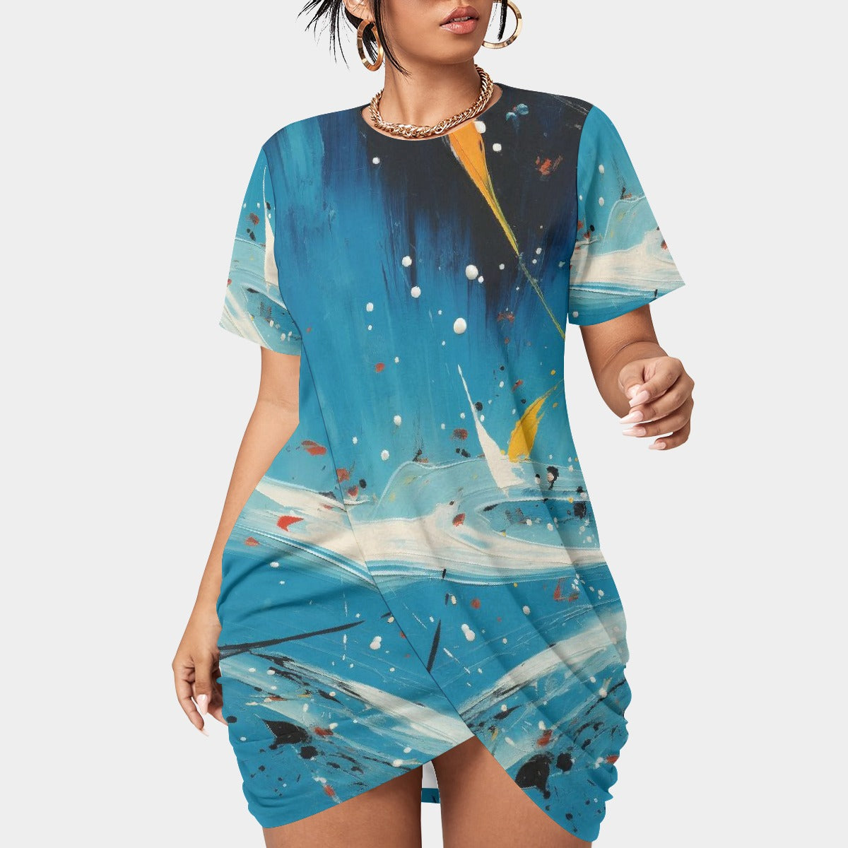 All-Over Print Women’s Stacked Hem Dress With Short Sleeve（Plus Size）