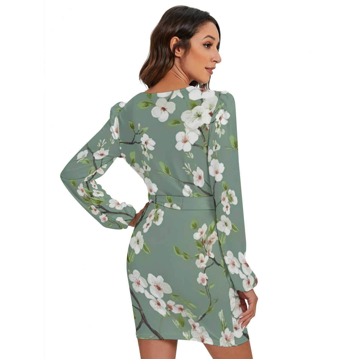 All-Over Print Women's Long Sleeve Dress With Waist Belt