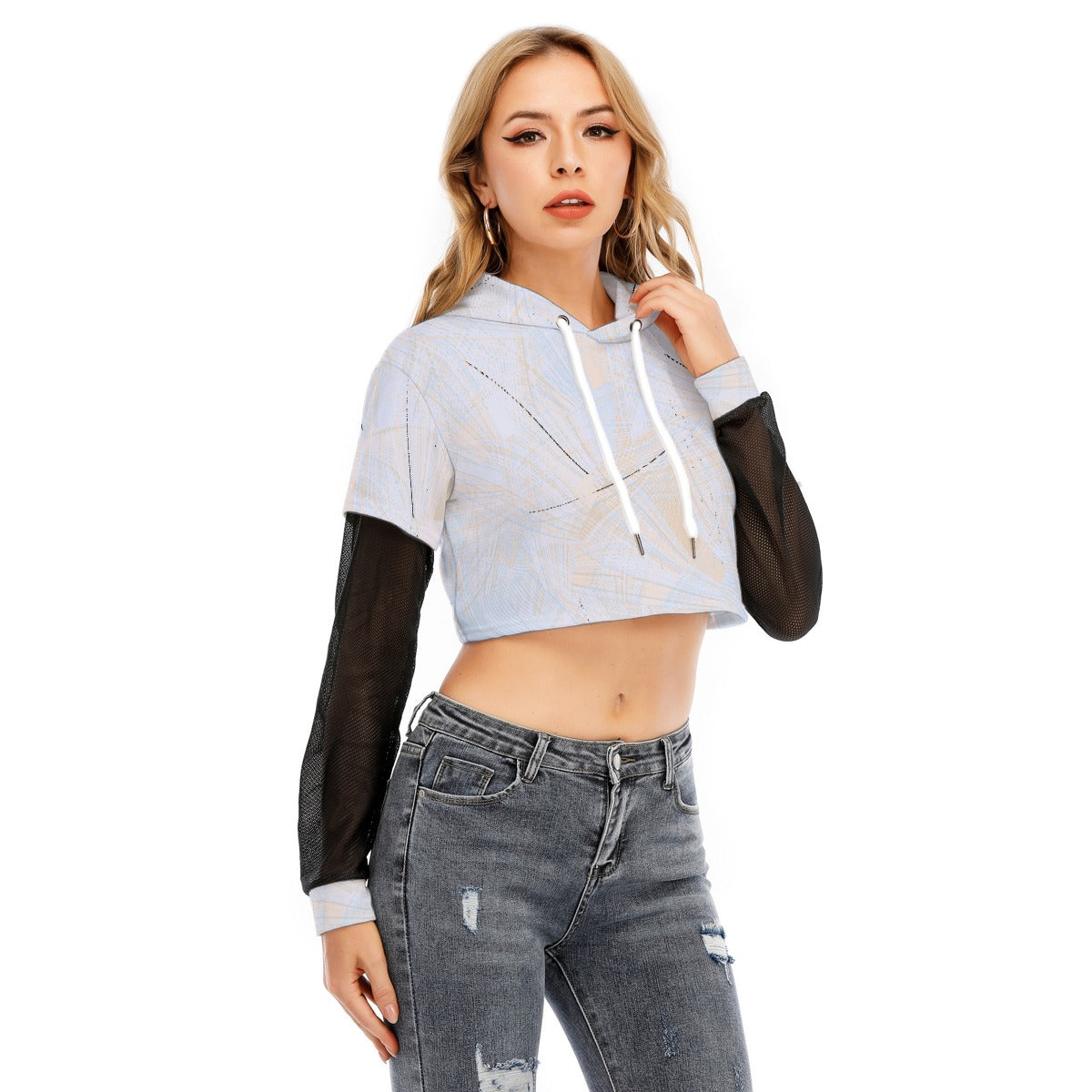 All-Over Print Women's Fake Two-piece Mesh Sleeve Cropped Hoodie