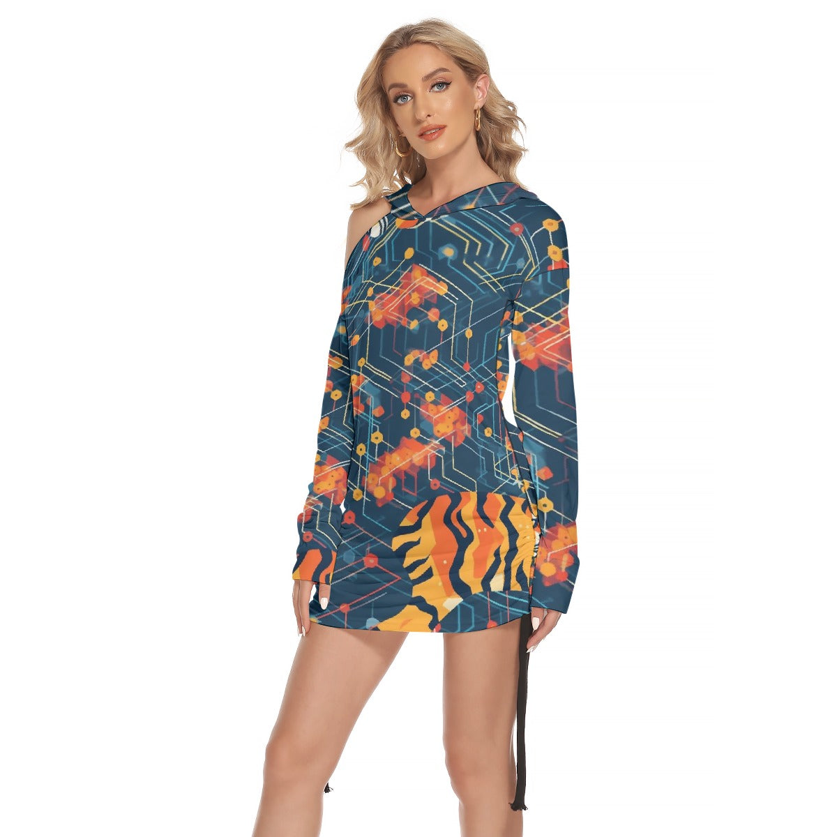 All-Over Print Women's One-shoulder Dress With Waist Shirring