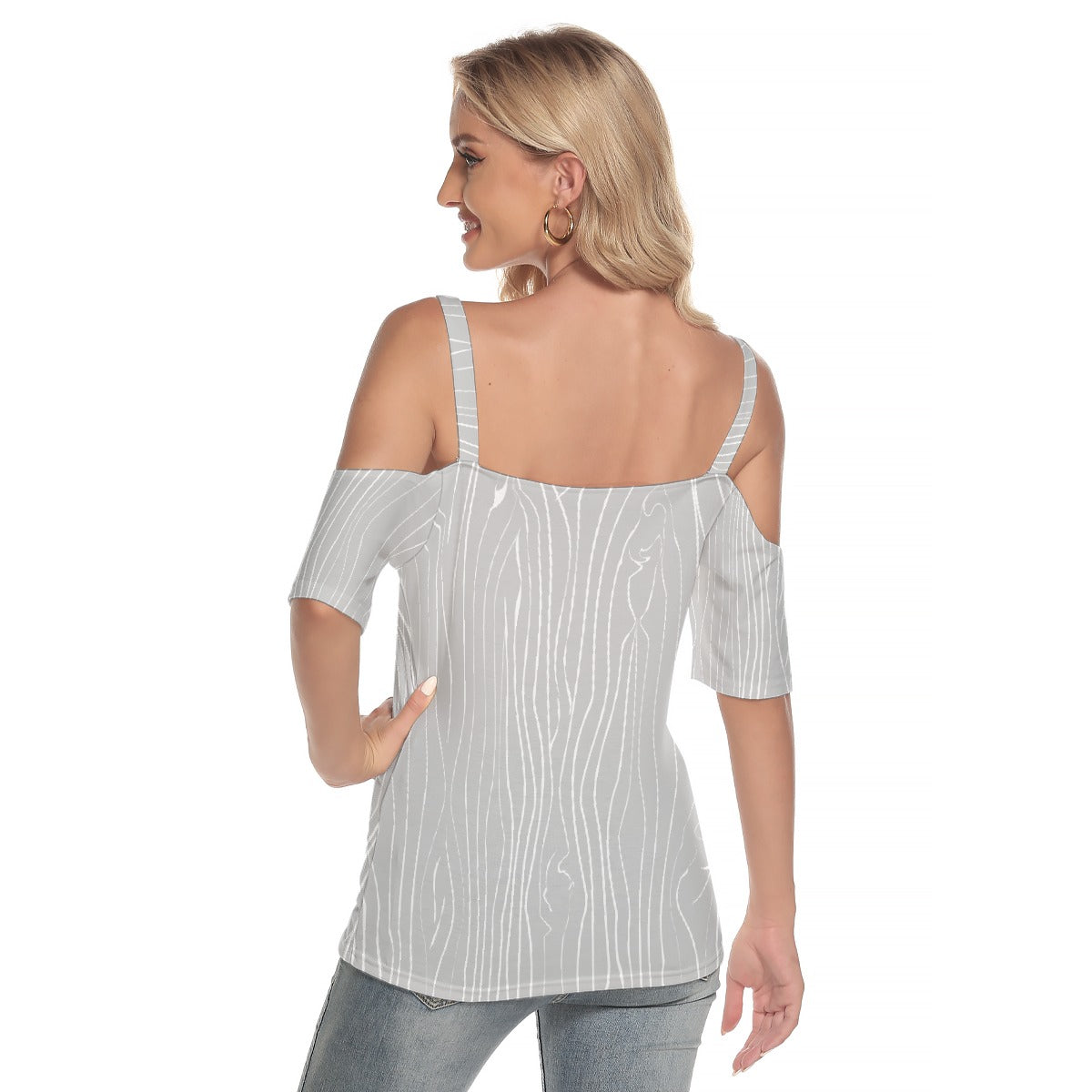 All-Over Print Women's Cold Shoulder T-shirt With Criss Cross Strips