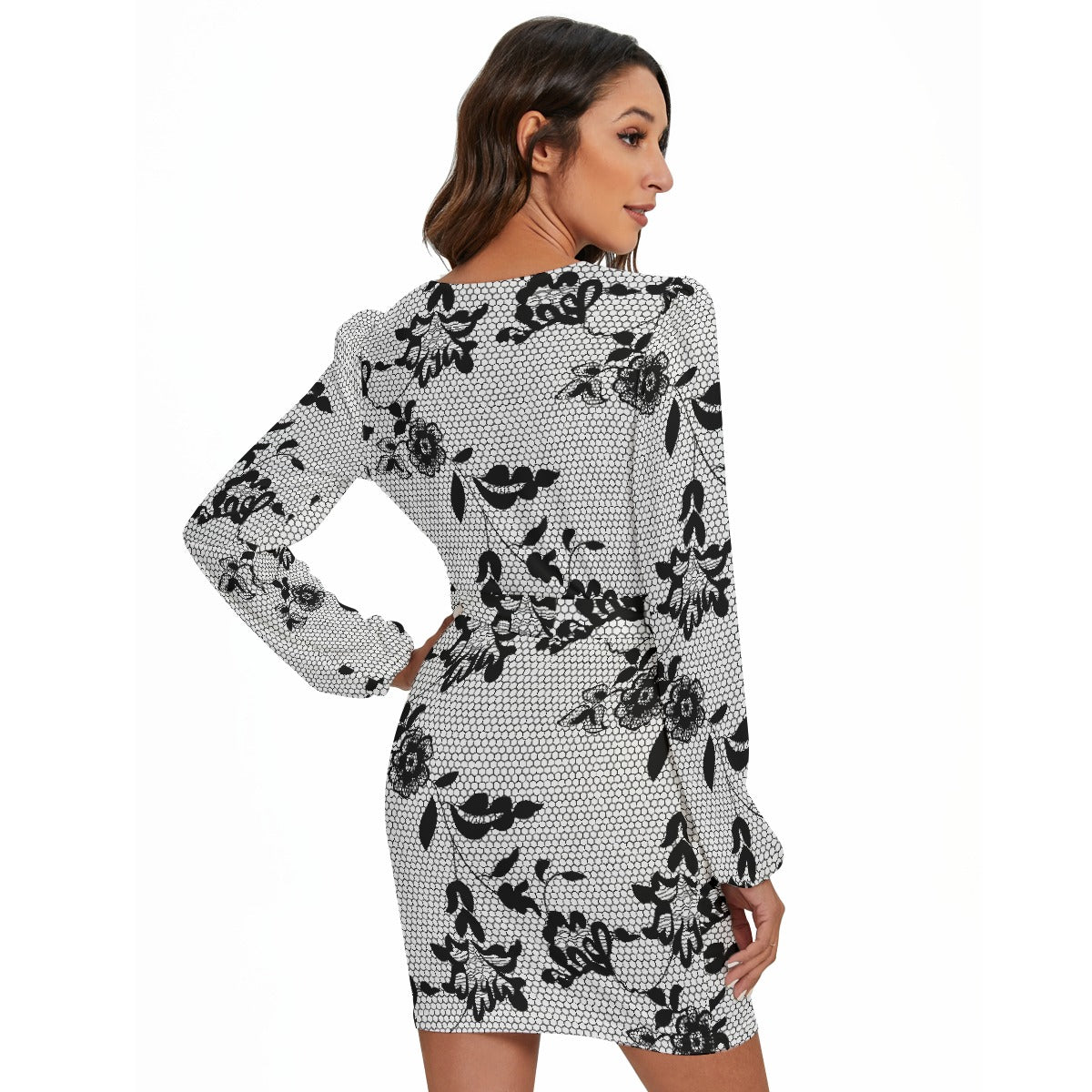 All-Over Print Women's Long Sleeve Dress With Waist Belt