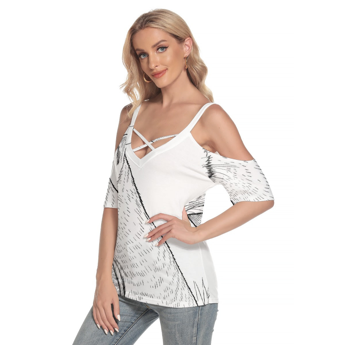 All-Over Print Women's Cold Shoulder T-shirt With Criss Cross Strips