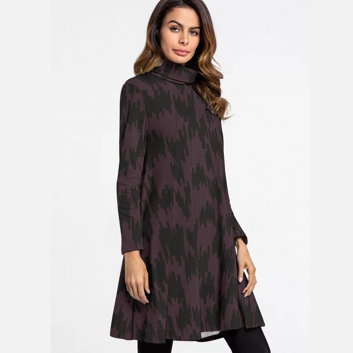 All-Over Print Women's High Neck Dress With Long Sleeve