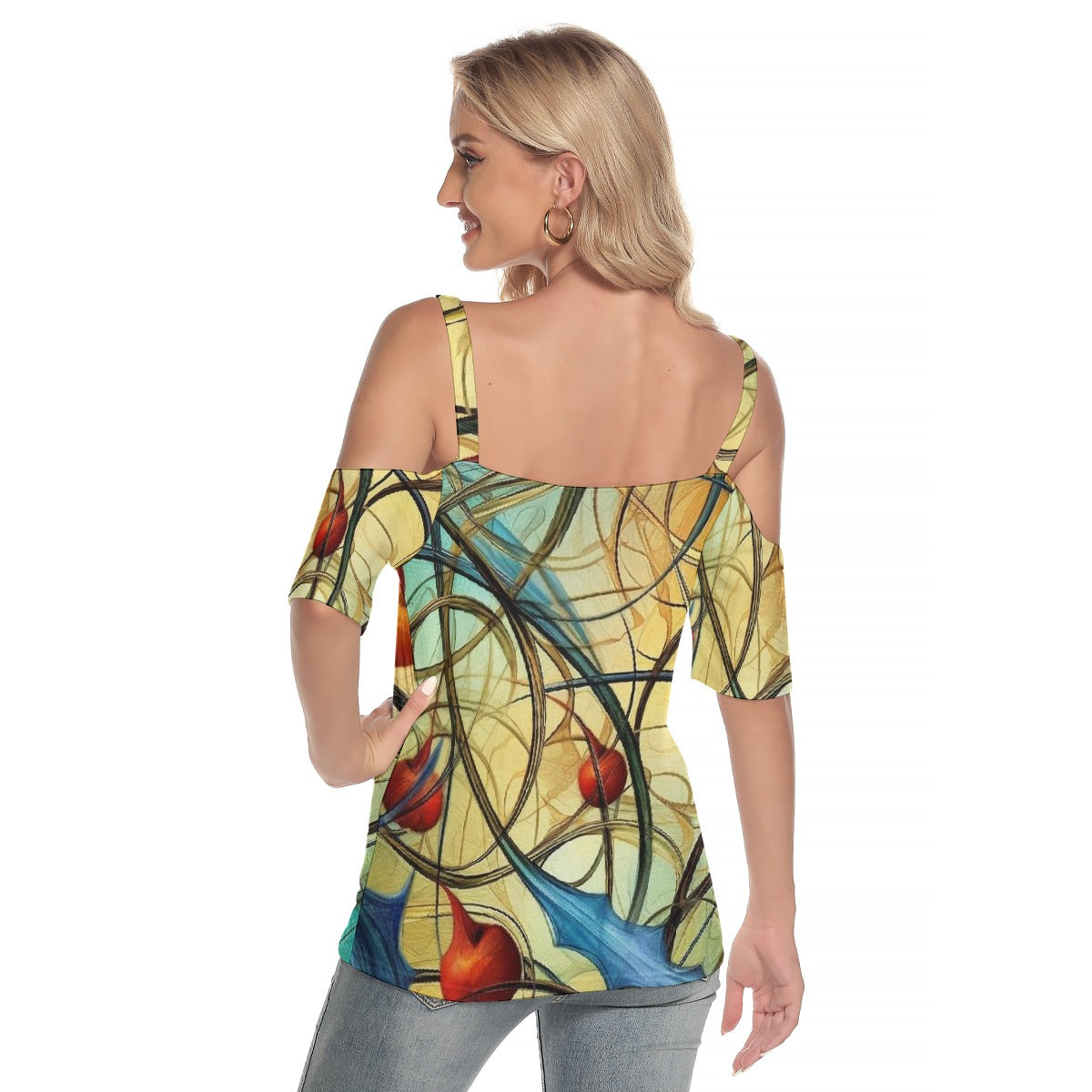 All-Over Print Women's Cold Shoulder T-shirt With Criss Cross Strips