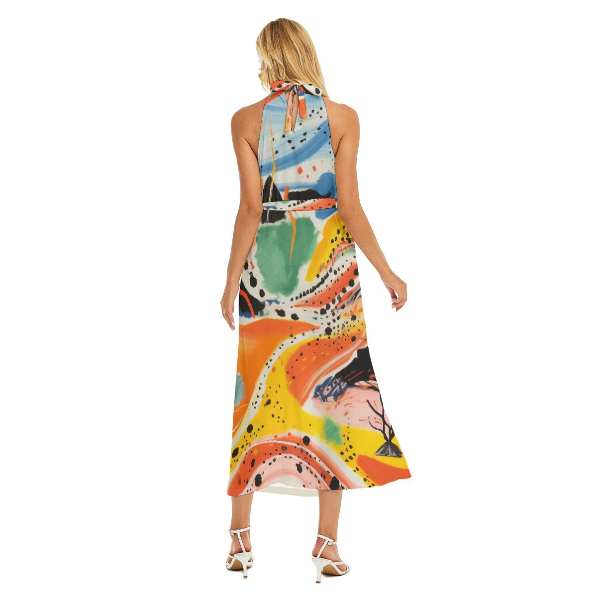 All-Over Print Women's Wrap Hem Belted Halter Dress