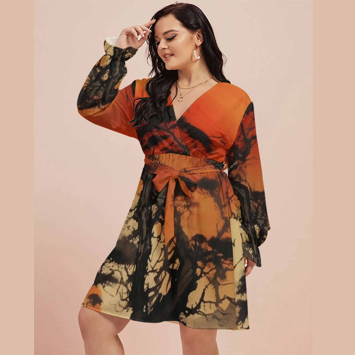 All-Over Print Women's V-neck Dress With Waistband(Plus Size)