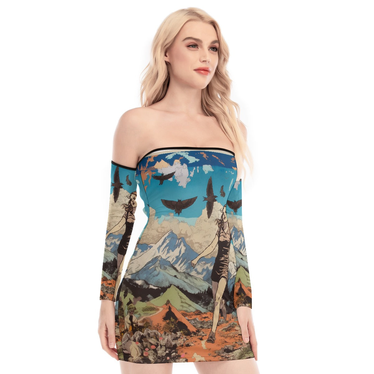 All-Over Print Women's Off-shoulder Back Lace-up Dress