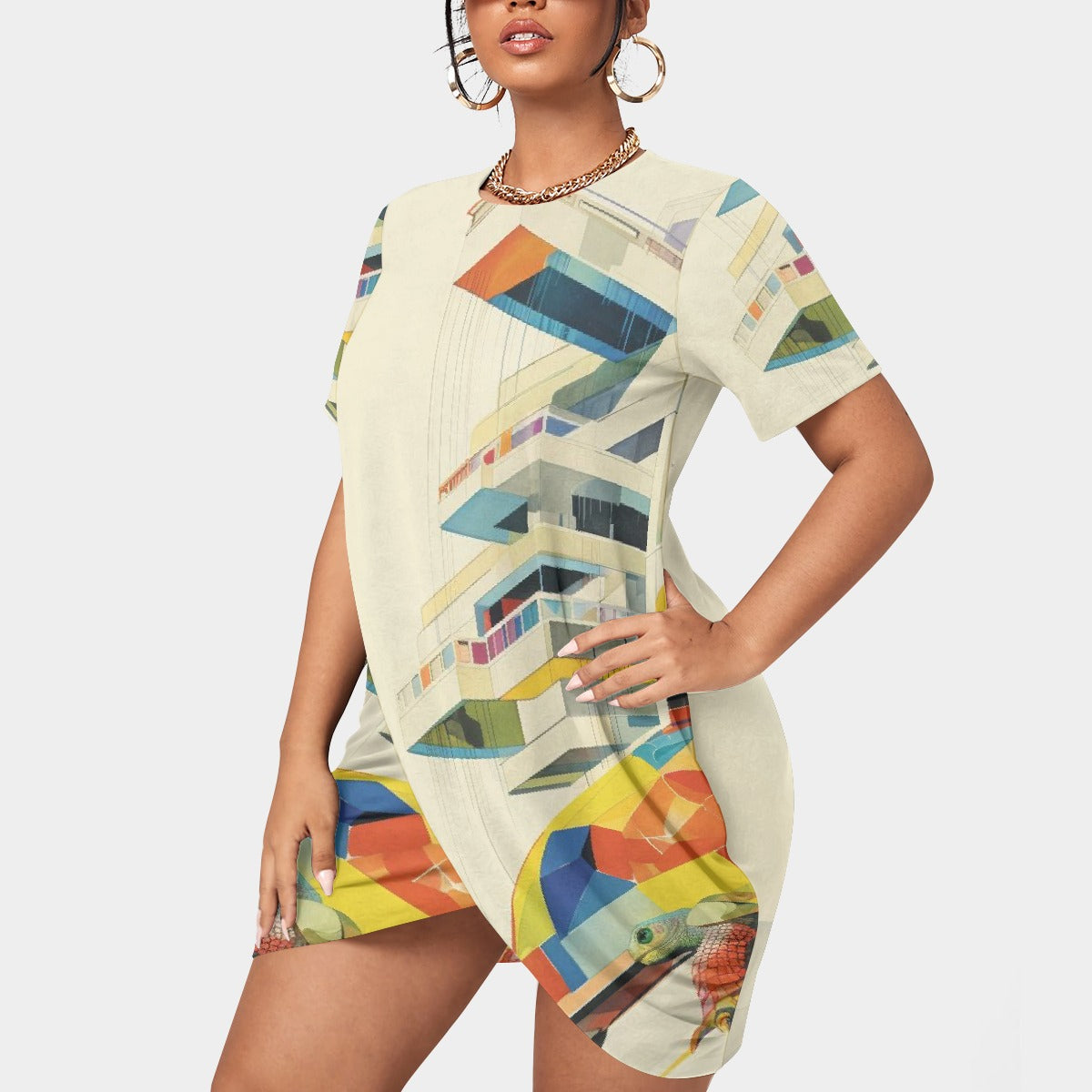 All-Over Print Women’s Stacked Hem Dress With Short Sleeve（Plus Size）