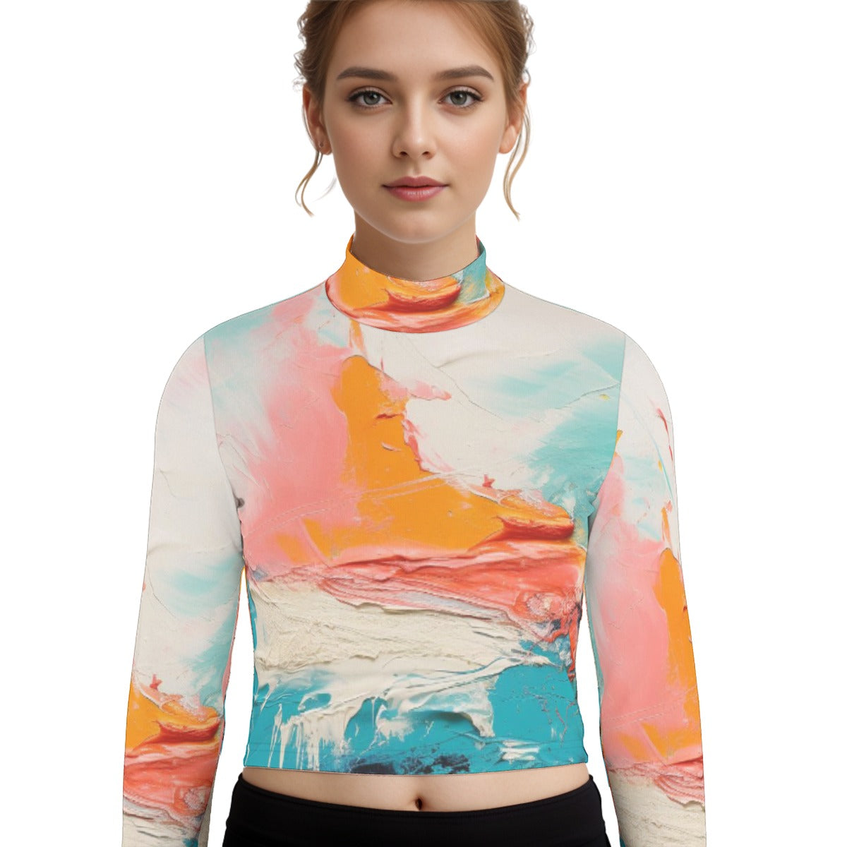 Eco-Friendly All-Over Print Women's Turtleneck T-shirt With Long Sleeve