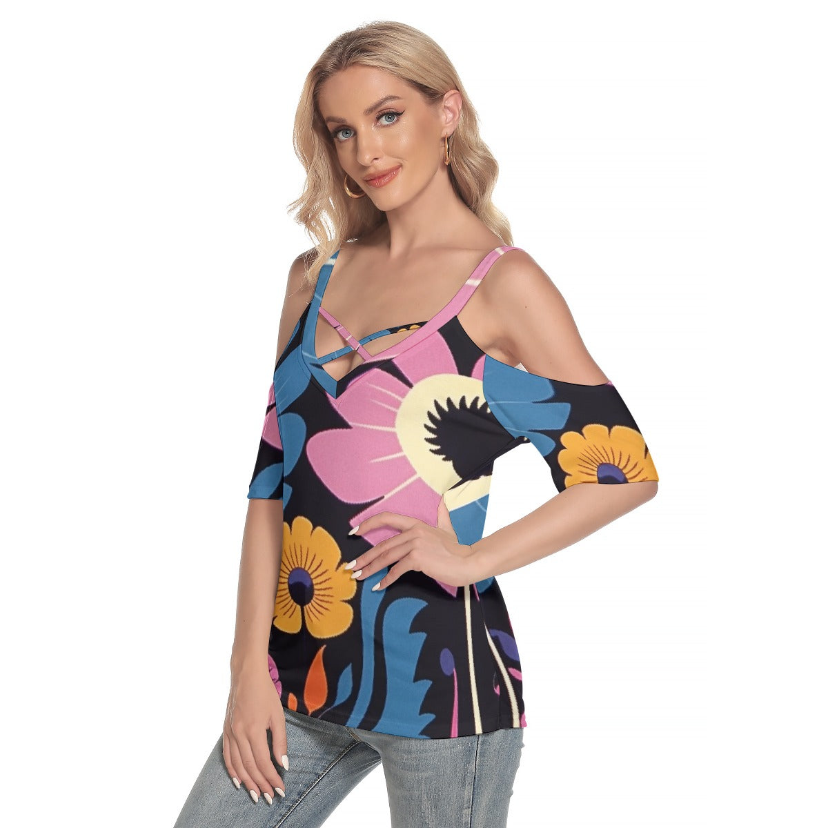 All-Over Print Women's Cold Shoulder T-shirt With Criss Cross Strips