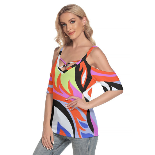 All-Over Print Women's Cold Shoulder T-shirt With Criss Cross Strips