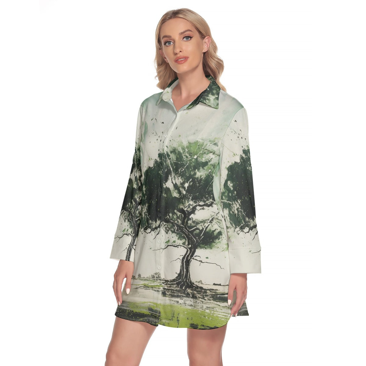 All-Over Print Women's Lapel Shirt Dress With Long Sleeve