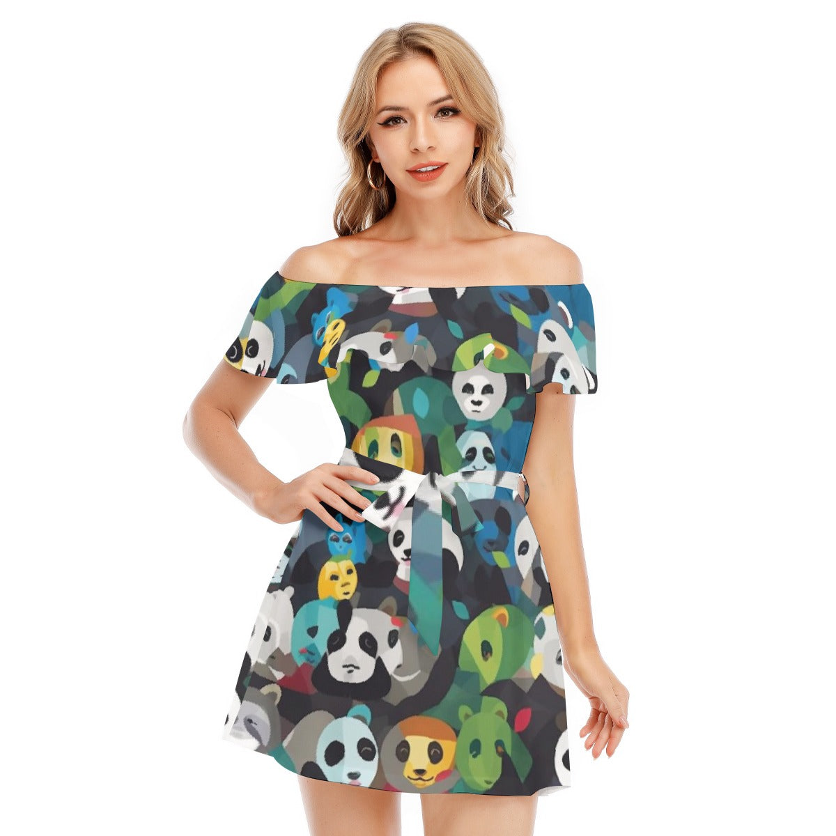 All-Over Print Women's Off-shoulder Dress With Ruffle