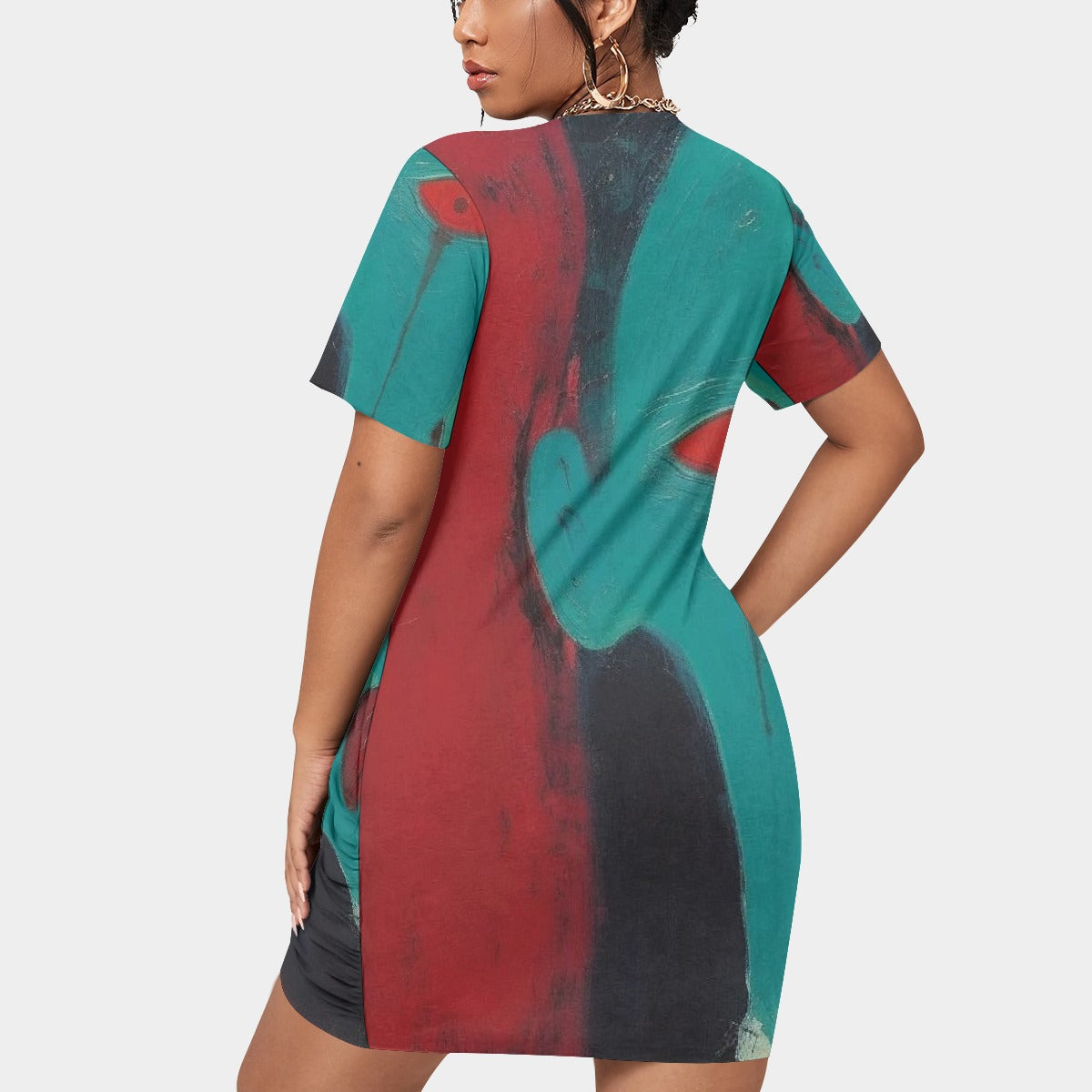 All-Over Print Women’s Stacked Hem Dress With Short Sleeve（Plus Size）