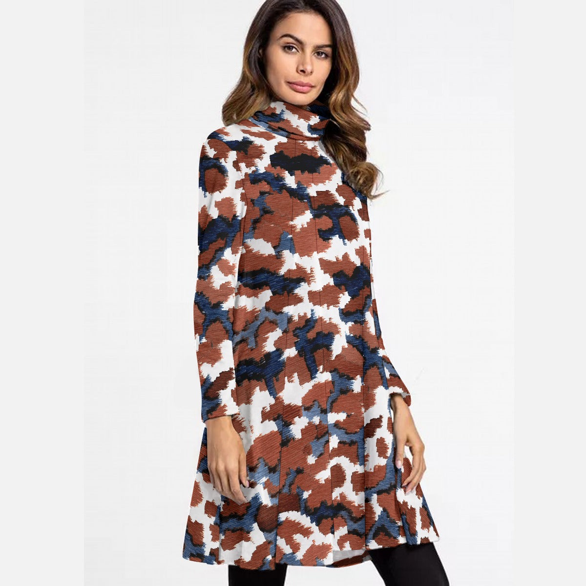 All-Over Print Women's High Neck Dress With Long Sleeve