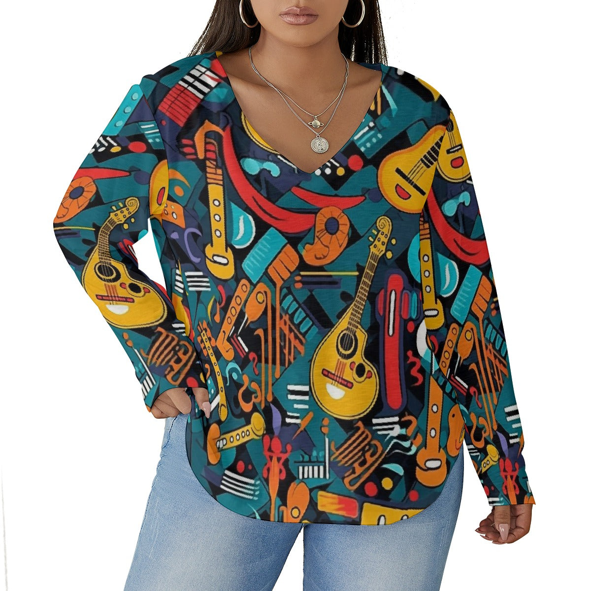 All-Over Print Women's V-neck T-shirt With Curved Hem(Plus Size)