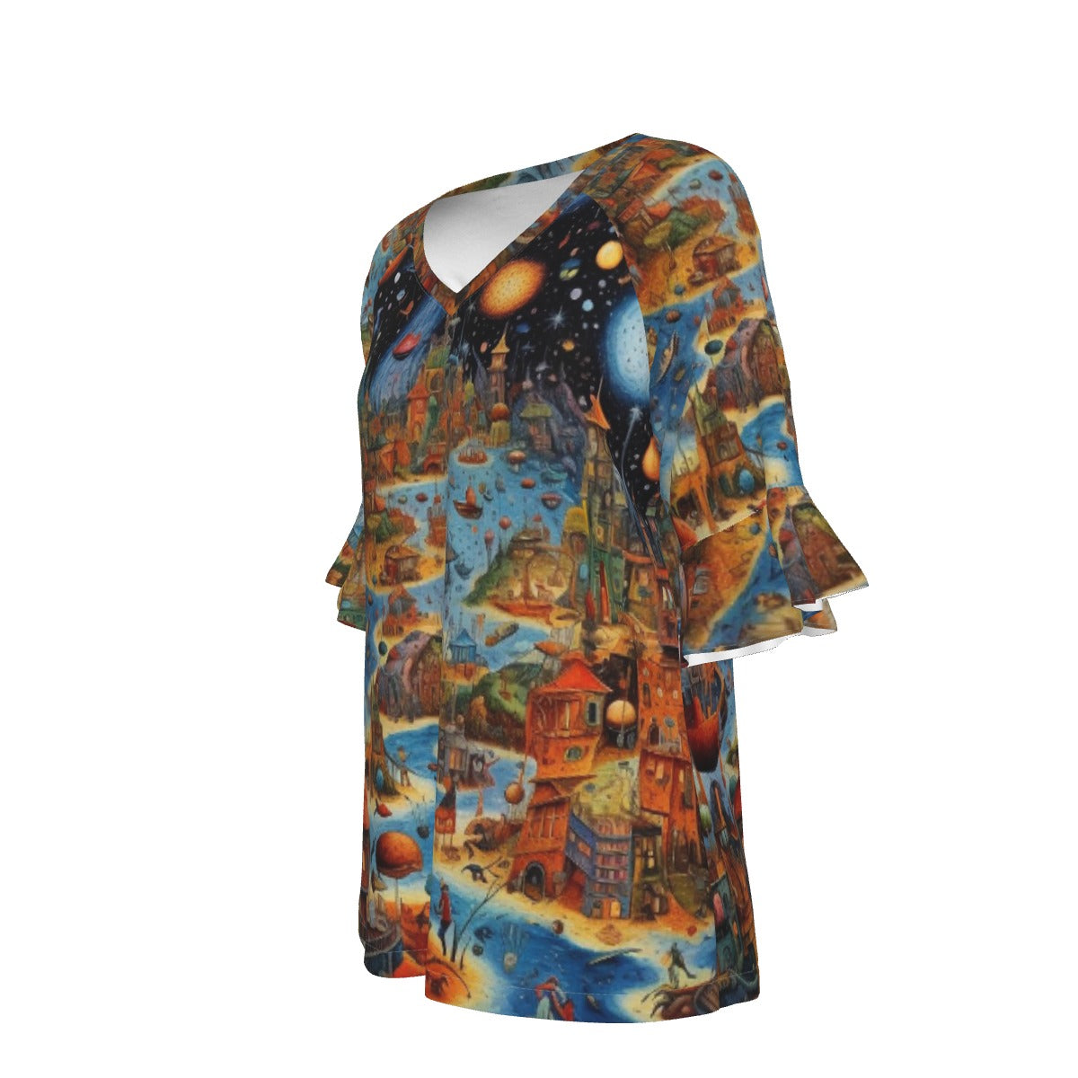 All-Over Print V-neck Women's T-shirt With Bell Sleeve