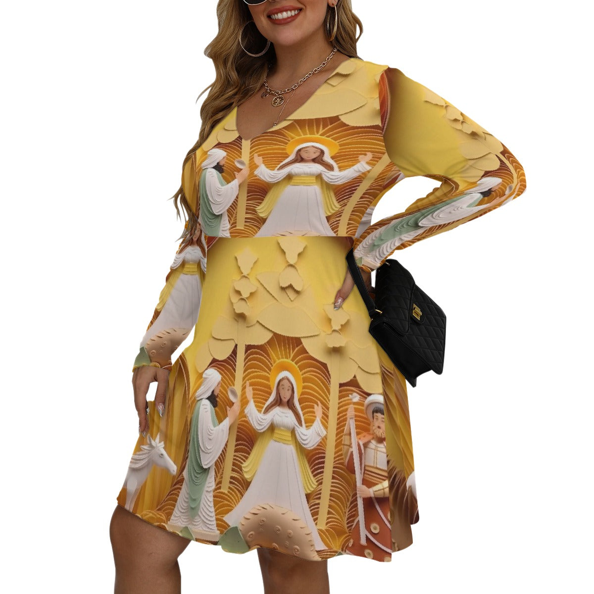 All-Over Print Women's V-neck Long Sleeve Dress(Plus Size)