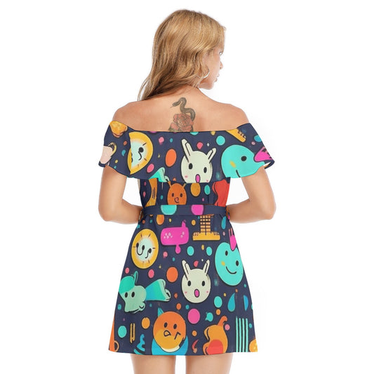 All-Over Print Women's Off-shoulder Dress With Ruffle