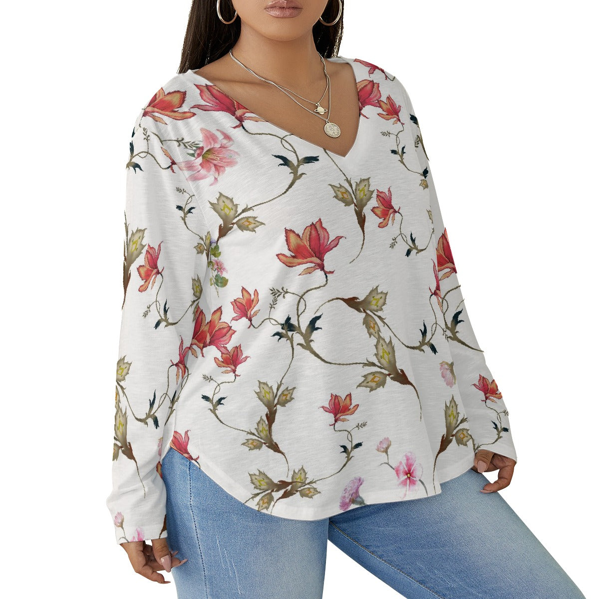 All-Over Print Women's V-neck T-shirt With Curved Hem(Plus Size)