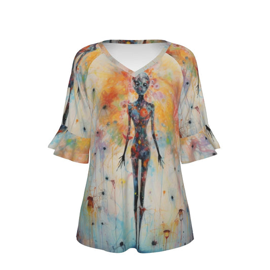 All-Over Print V-neck Women's T-shirt With Bell Sleeve