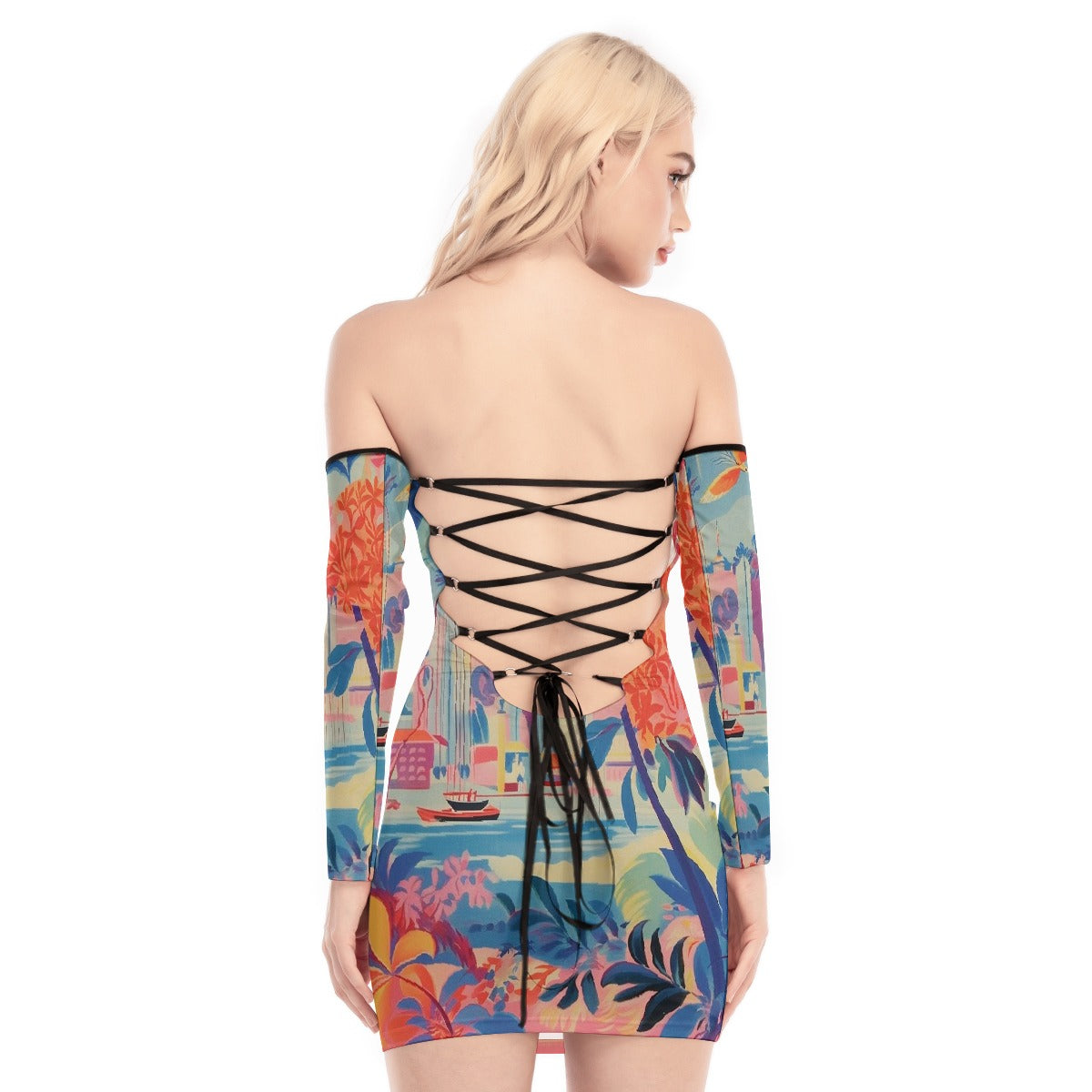 All-Over Print Women's Off-shoulder Back Lace-up Dress