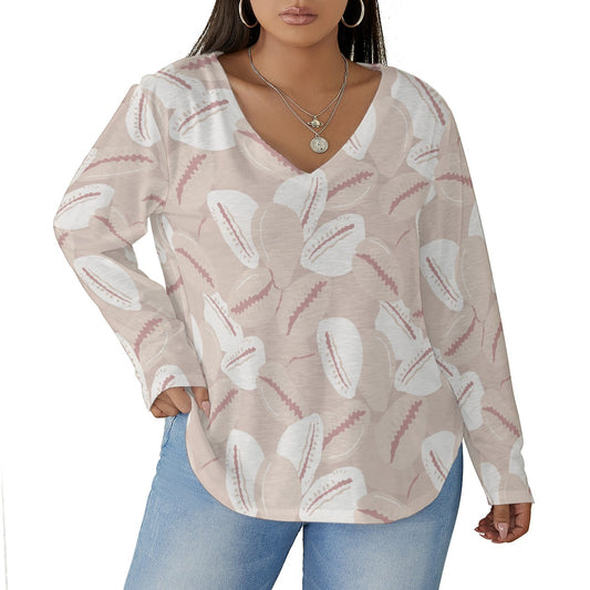 All-Over Print Women's V-neck T-shirt With Curved Hem(Plus Size)