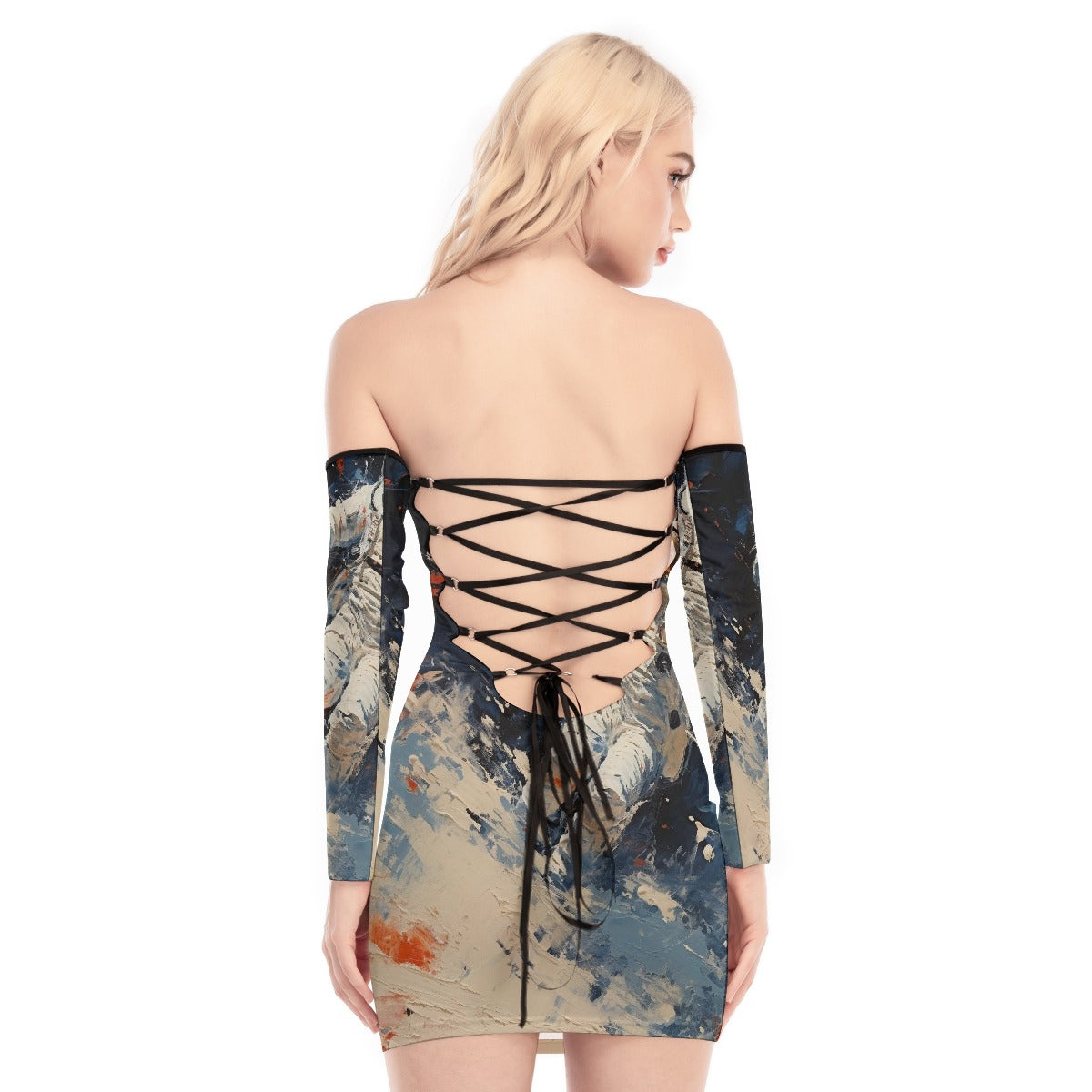 All-Over Print Women's Off-shoulder Back Lace-up Dress