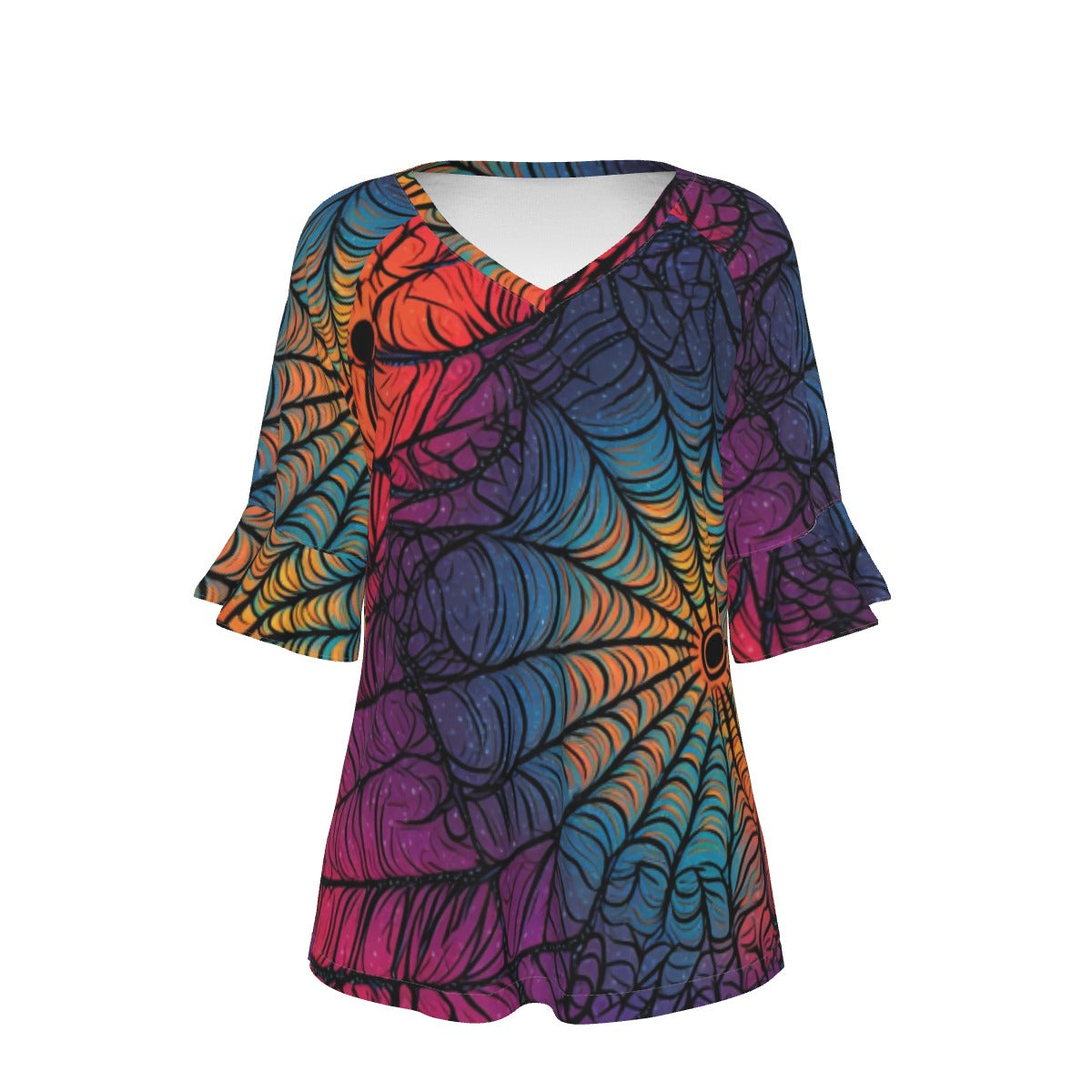 All-Over Print V-neck Women's T-shirt With Bell Sleeve