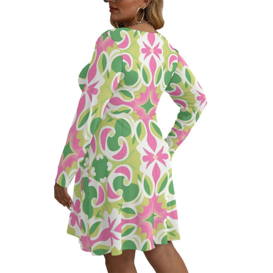 All-Over Print Women's V-neck Long Sleeve Dress(Plus Size)