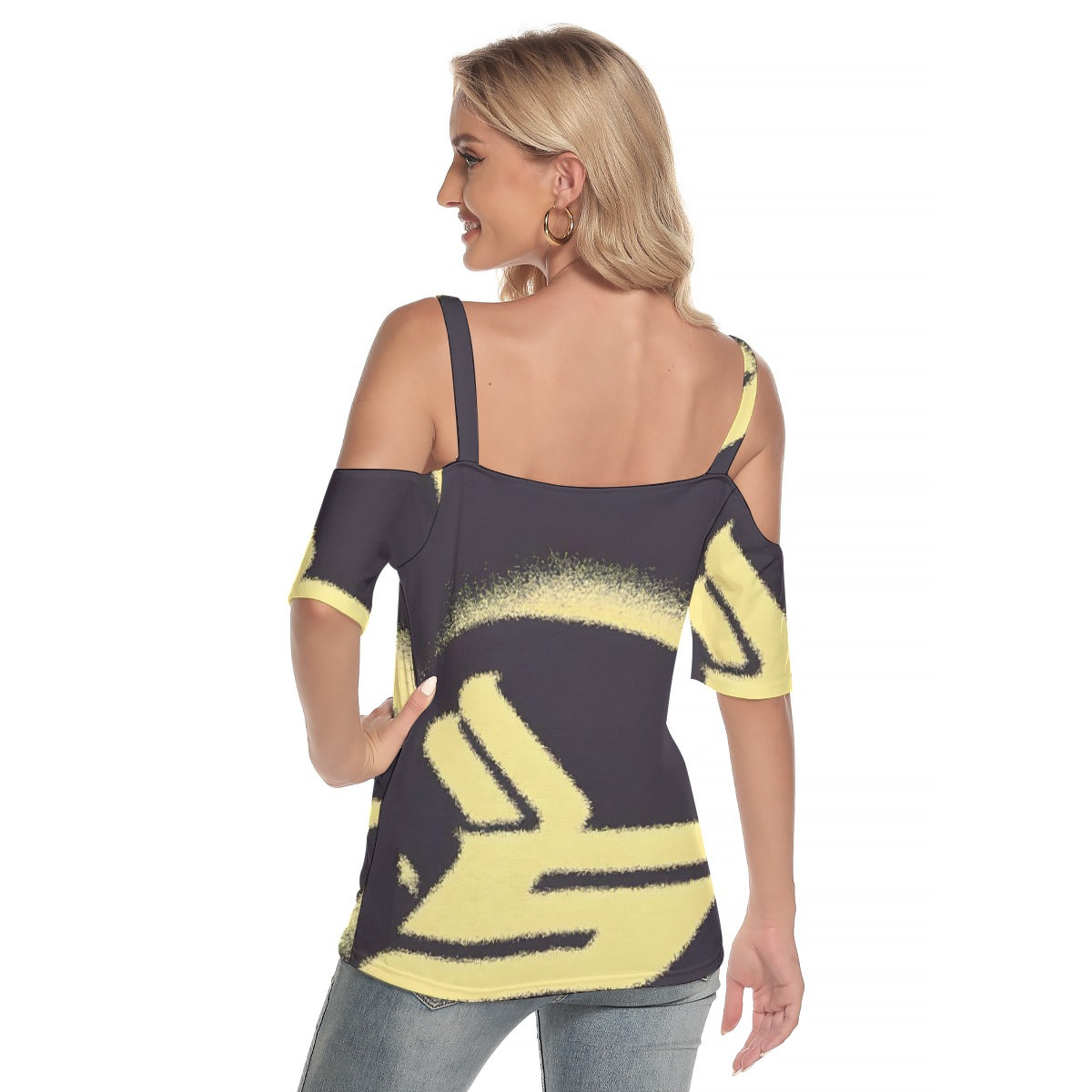 All-Over Print Women's Cold Shoulder T-shirt With Criss Cross Strips