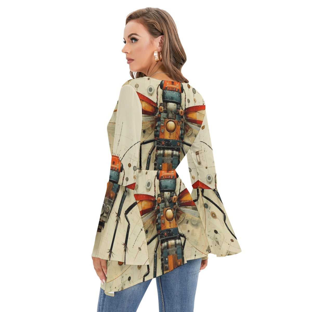 All-Over Print Women's V-neck Blouse With Flared Sleeves