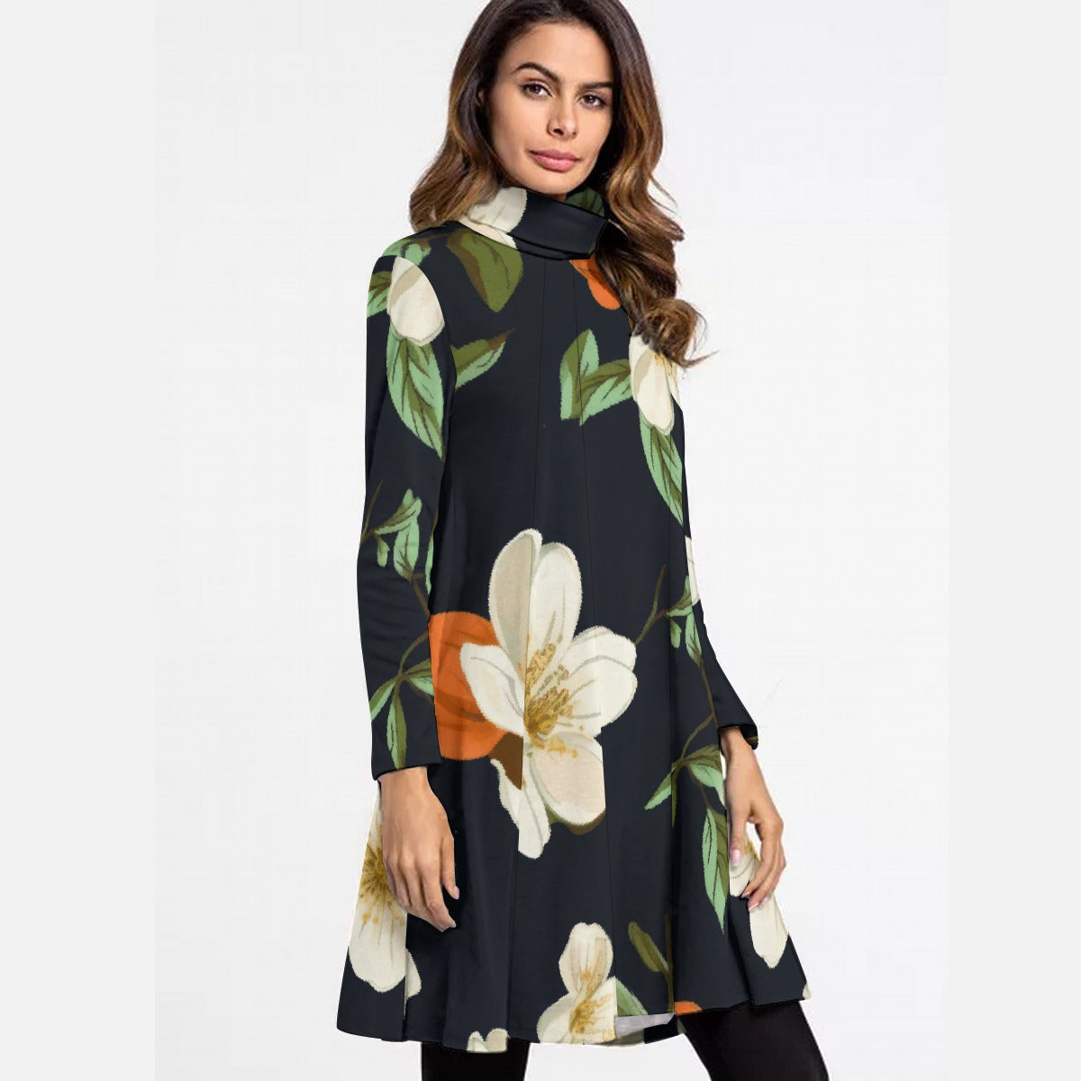 All-Over Print Women's High Neck Dress With Long Sleeve