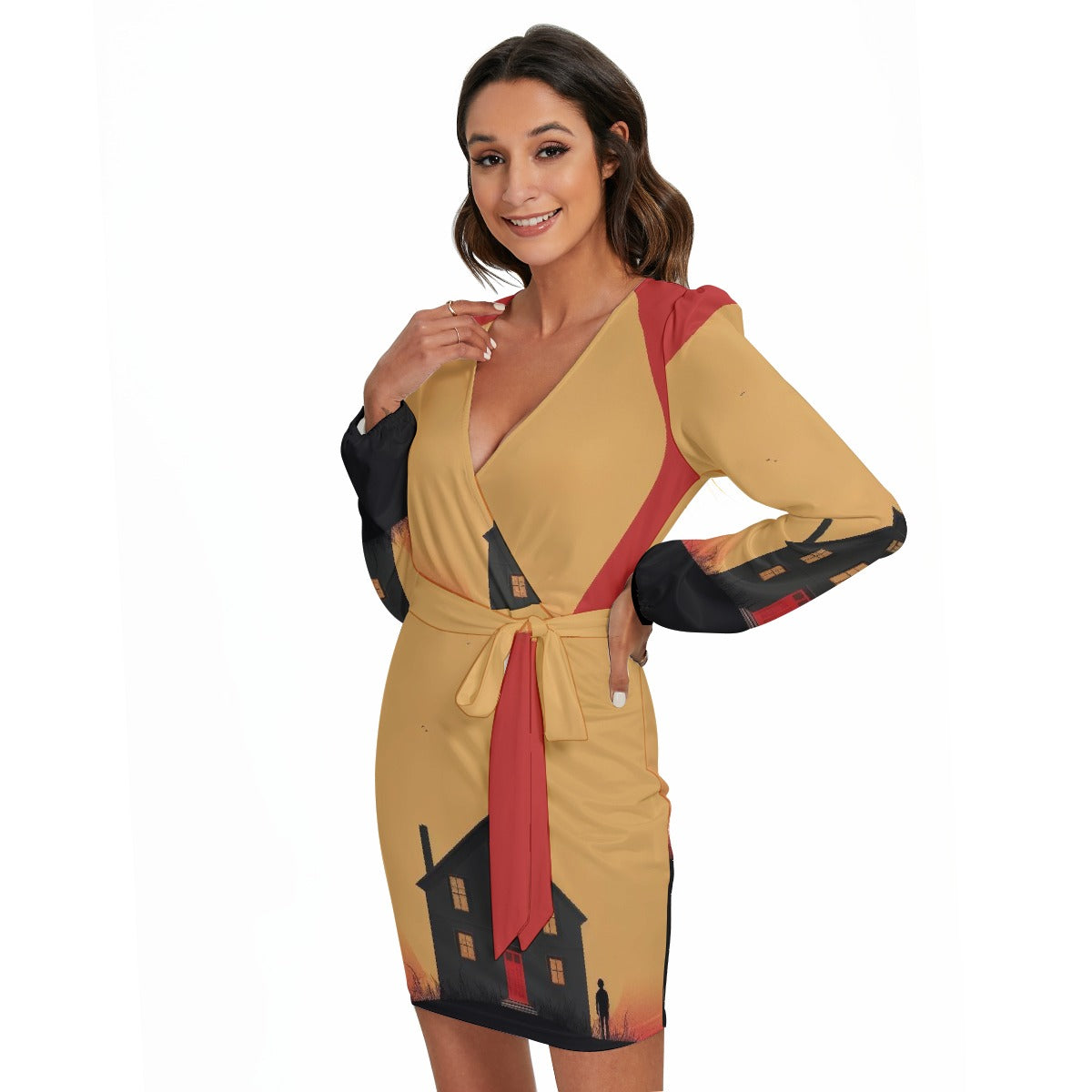 All-Over Print Women's Long Sleeve Dress With Waist Belt