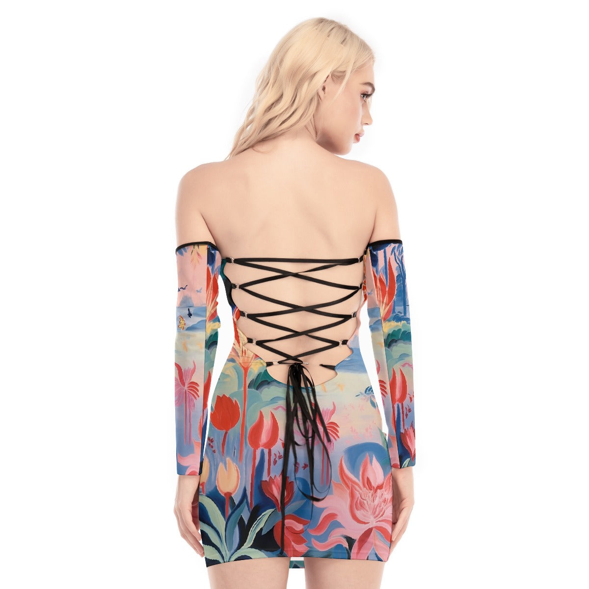 All-Over Print Women's Off-shoulder Back Lace-up Dress