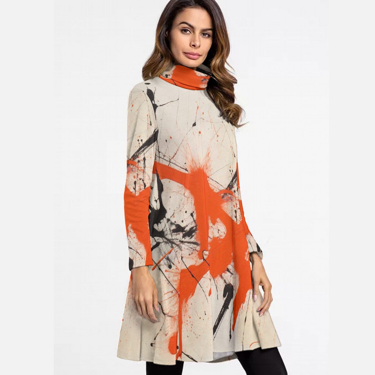 All-Over Print Women's High Neck Dress With Long Sleeve