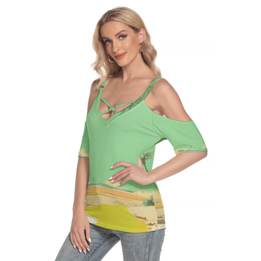 All-Over Print Women's Cold Shoulder T-shirt With Criss Cross Strips