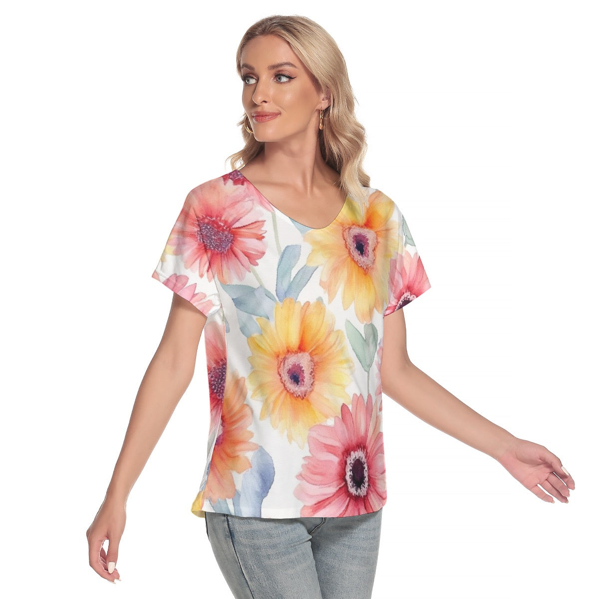 All-Over Print Women's Loose V-neck Short Sleeve T-shirt