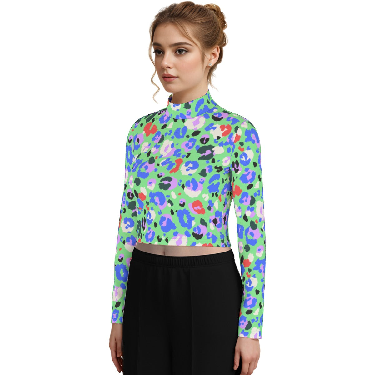 Eco-Friendly All-Over Print Women's Turtleneck T-shirt With Long Sleeve