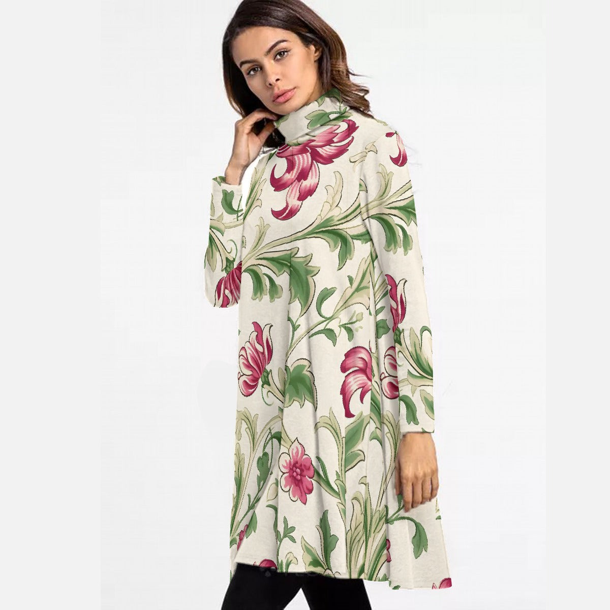 All-Over Print Women's High Neck Dress With Long Sleeve