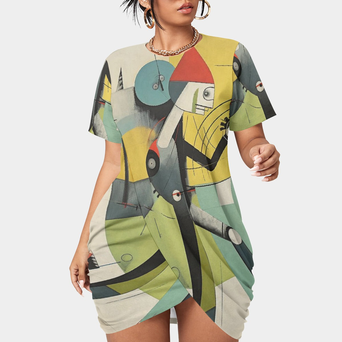 All-Over Print Women’s Stacked Hem Dress With Short Sleeve（Plus Size）