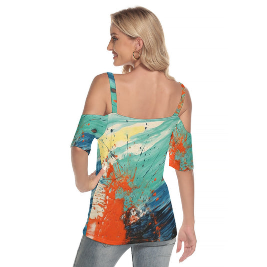 All-Over Print Women's Cold Shoulder T-shirt With Criss Cross Strips