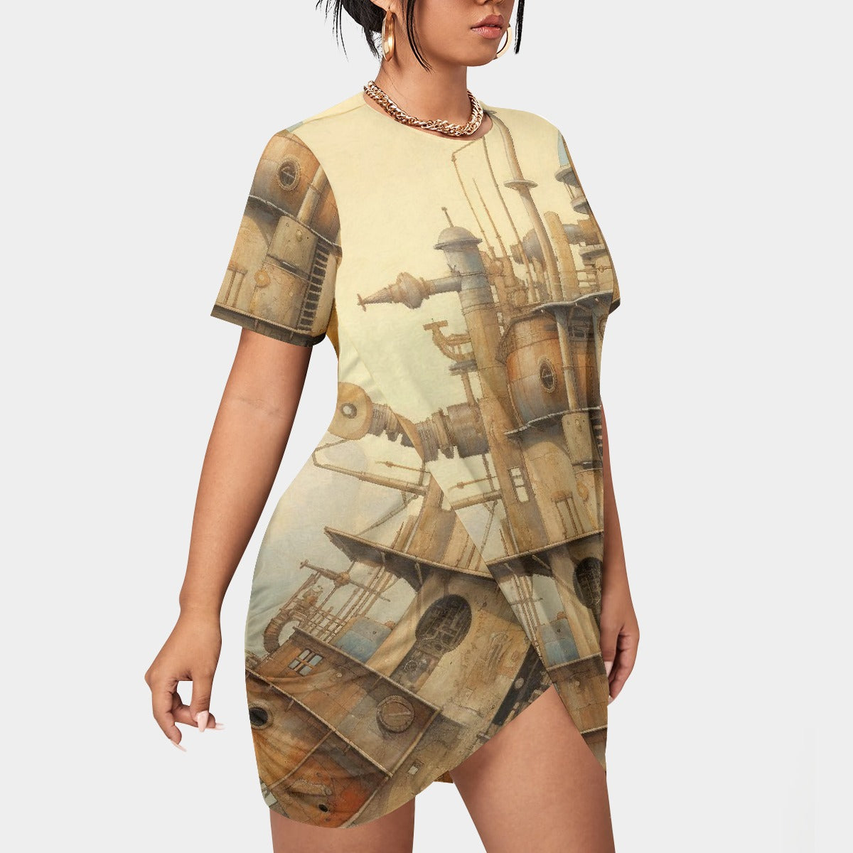 All-Over Print Women’s Stacked Hem Dress With Short Sleeve（Plus Size）