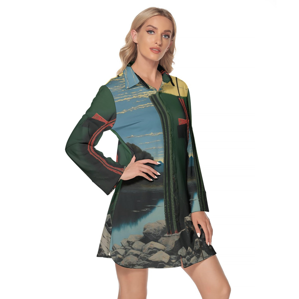 All-Over Print Women's Lapel Shirt Dress With Long Sleeve