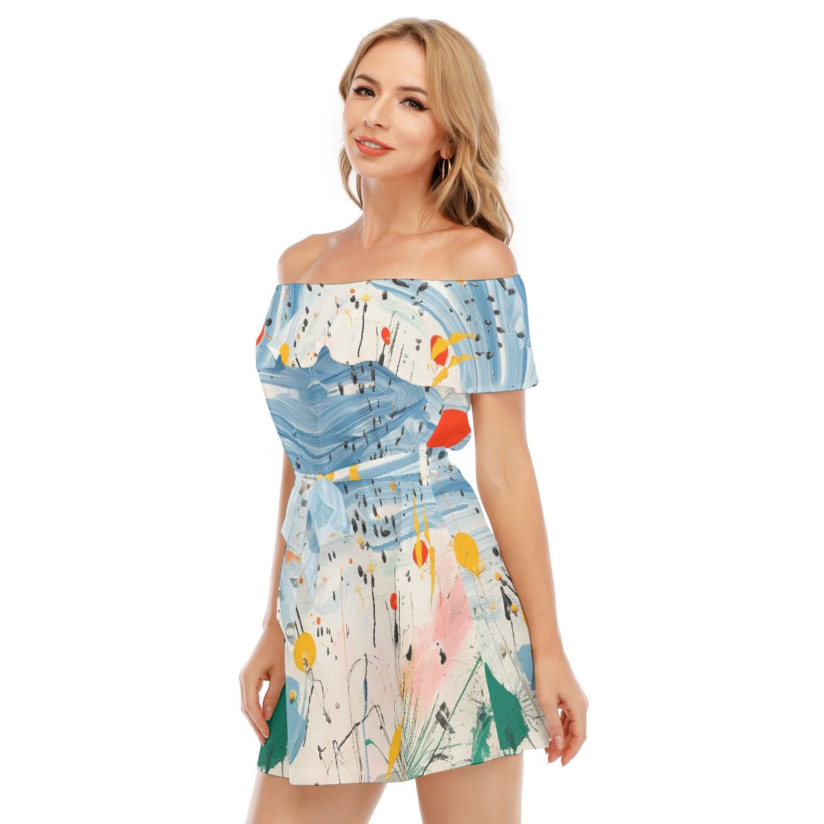 All-Over Print Women's Off-shoulder Dress With Ruffle