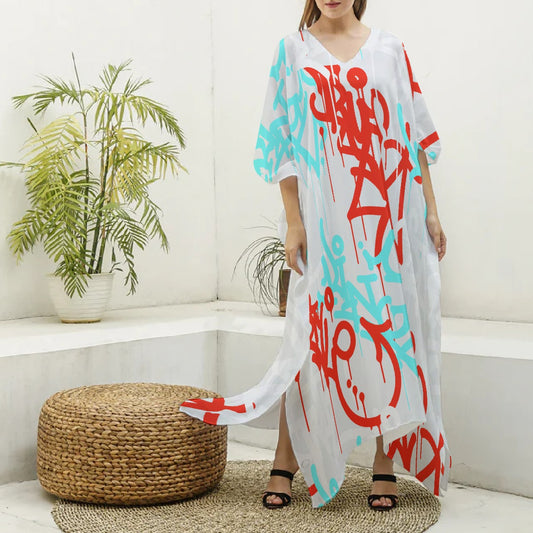 All-Over Print Women's Imitation Silk V-neck Kaftan Robe