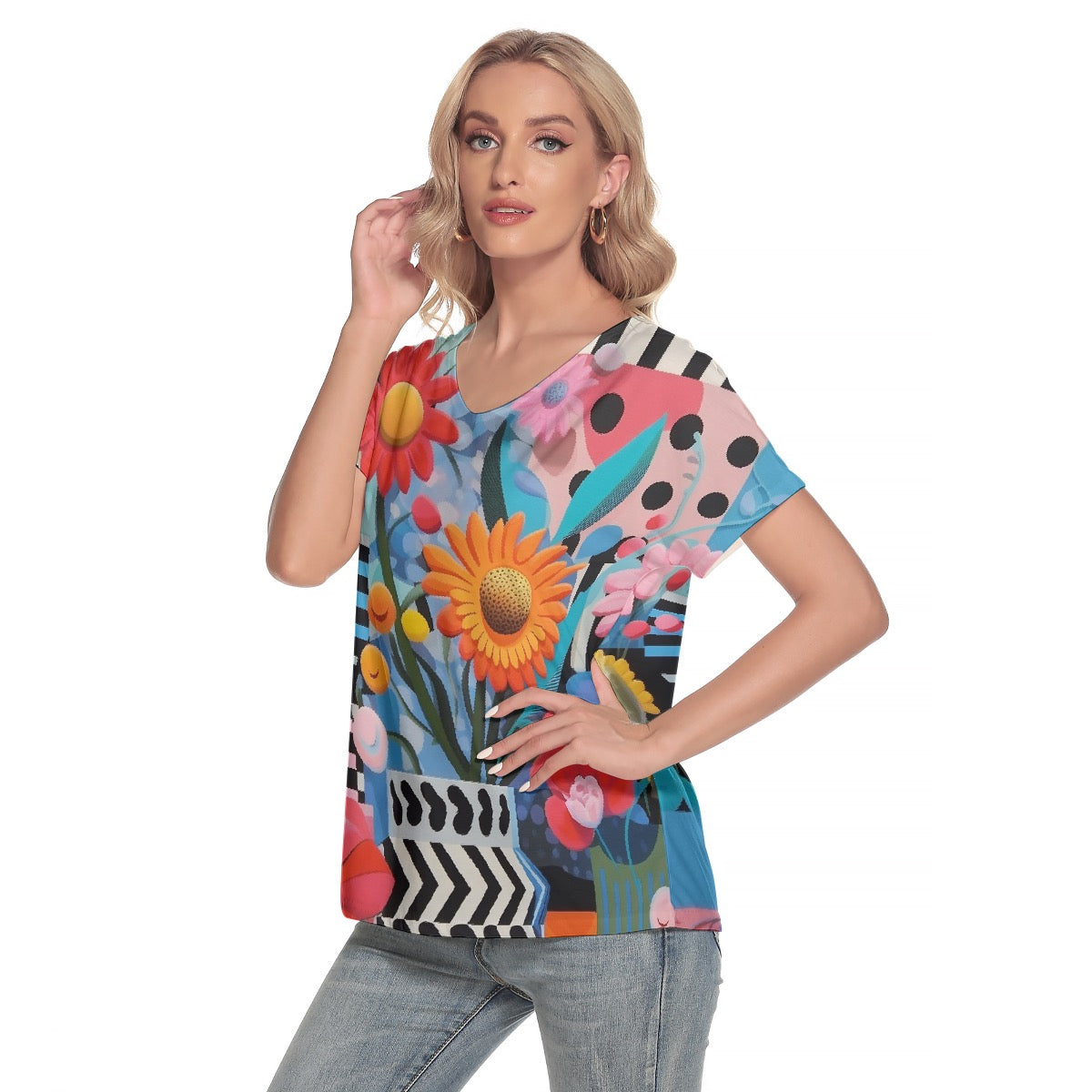 All-Over Print Women's Loose V-neck Short Sleeve T-shirt