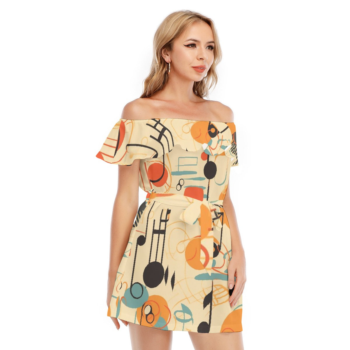 All-Over Print Women's Off-shoulder Dress With Ruffle