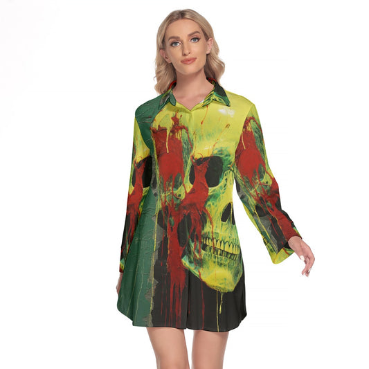 All-Over Print Women's Lapel Shirt Dress With Long Sleeve